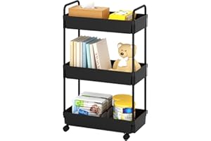 Kaitiemoo 3-Tier Storage Cart，Shelf Organizer Mobile Shelving ，Utility Rolling Cart，Multifunction Movable Storage Organizer with Lockable Wheels,Black