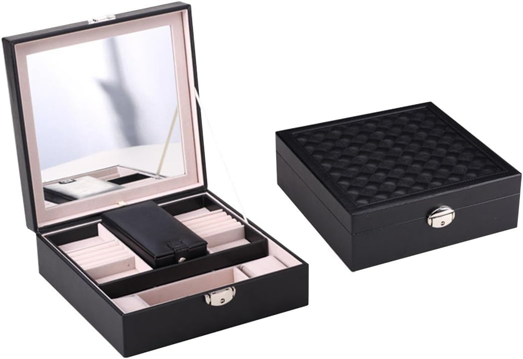 NEOTEND Black Leather Jewelry Box Storage Organizer with Travel Case and Lock