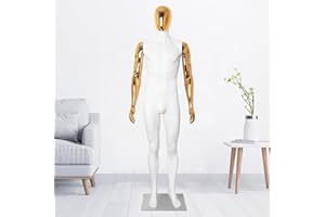 YumHome Male Mannequin Dress Form Full Body Sewing Manikin 73 Inch Poseable Mannequin with Stand Dress Mannequin Clothing Form Metal Base Connector,White Body Gold Head Gold Hands
