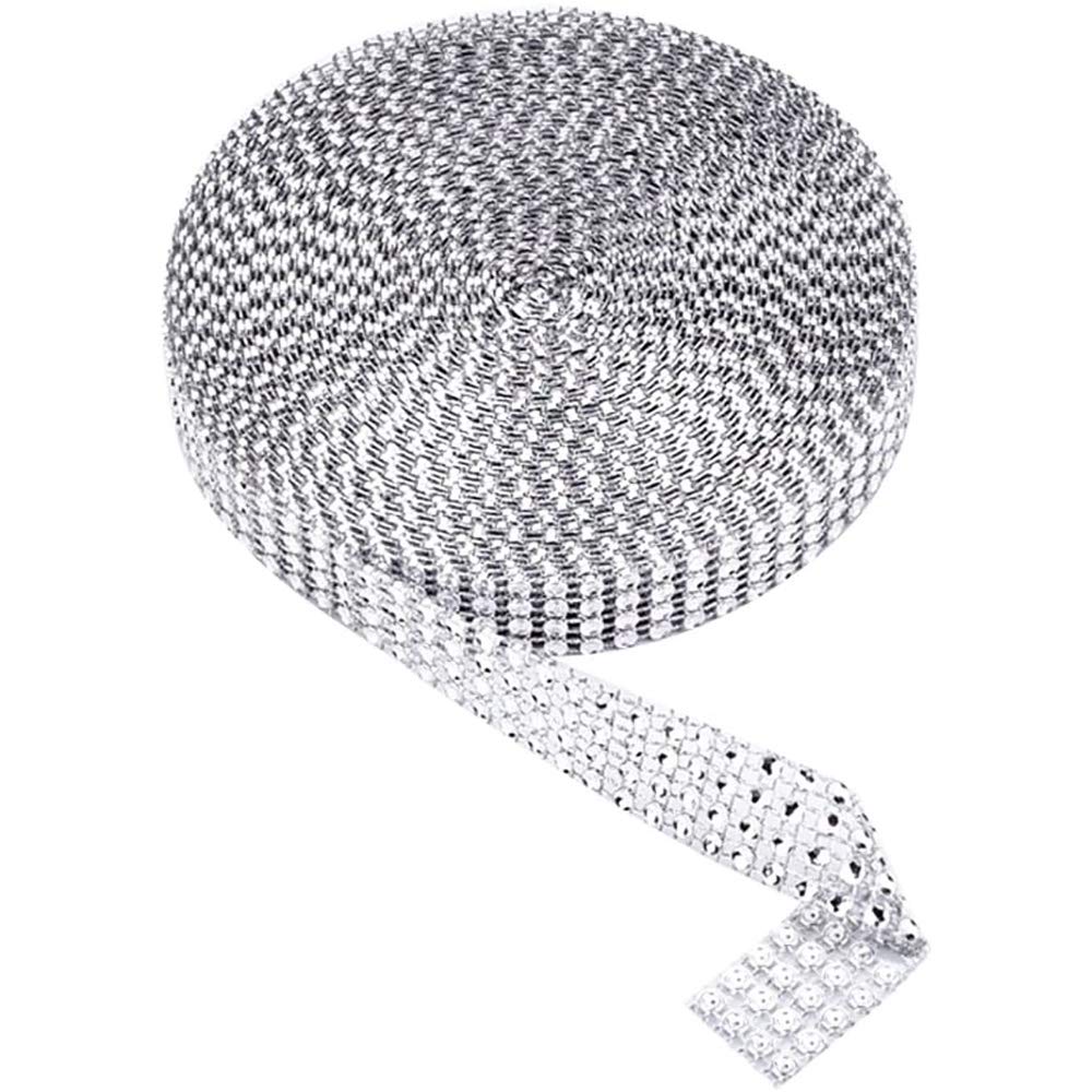 POFET 2CM 4Row 10 Yard Acrylic Rhinestone Diamond Ribbon for Wedding Cakes, Birthday Decorations, Baby Shower Events and Arts and Crafts Projects - Silver