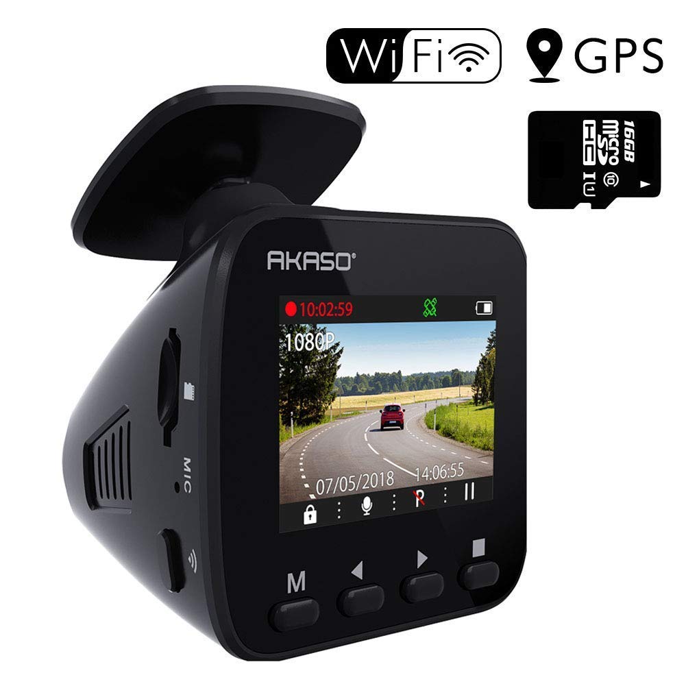 AKASO Dash Cam Dashboard Recording Camera V1 Car Recorder with Sony Sensor, 1296P FHD, GPS, G-Sensor, WIFI with Phone APP, Night Vision, Loop Record, Parking Monitor, 170°Wide Angle, with 16GB Card