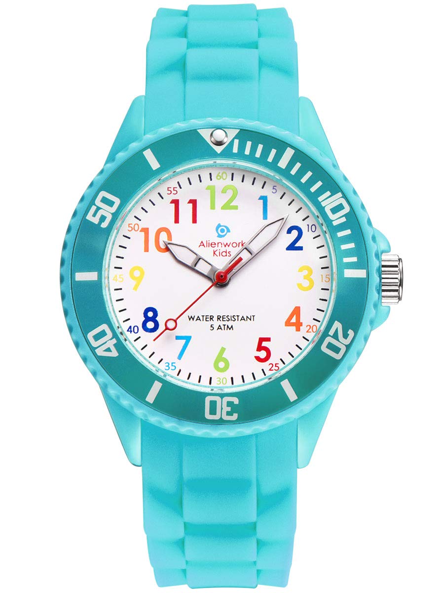 Alienwork Kids Children's Teacher Watch Girls Turquoise Silicone Strap Multi-Coloured Children's Kid Waterproof 5 ATM Learning Time
