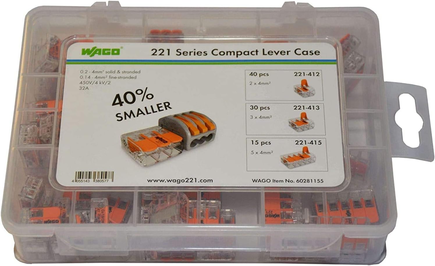 WAGO 221 Series Terminal Selection Box Compact Lever Case 60281155, Mini Connector Cable Mount, 450 V, Orange