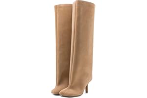 VOZTOLLS Women's Knee High Suede Boots for Women Wide Calf Square Toe Stiletto Heels Tall Boots Pull On High Heel Long Booties