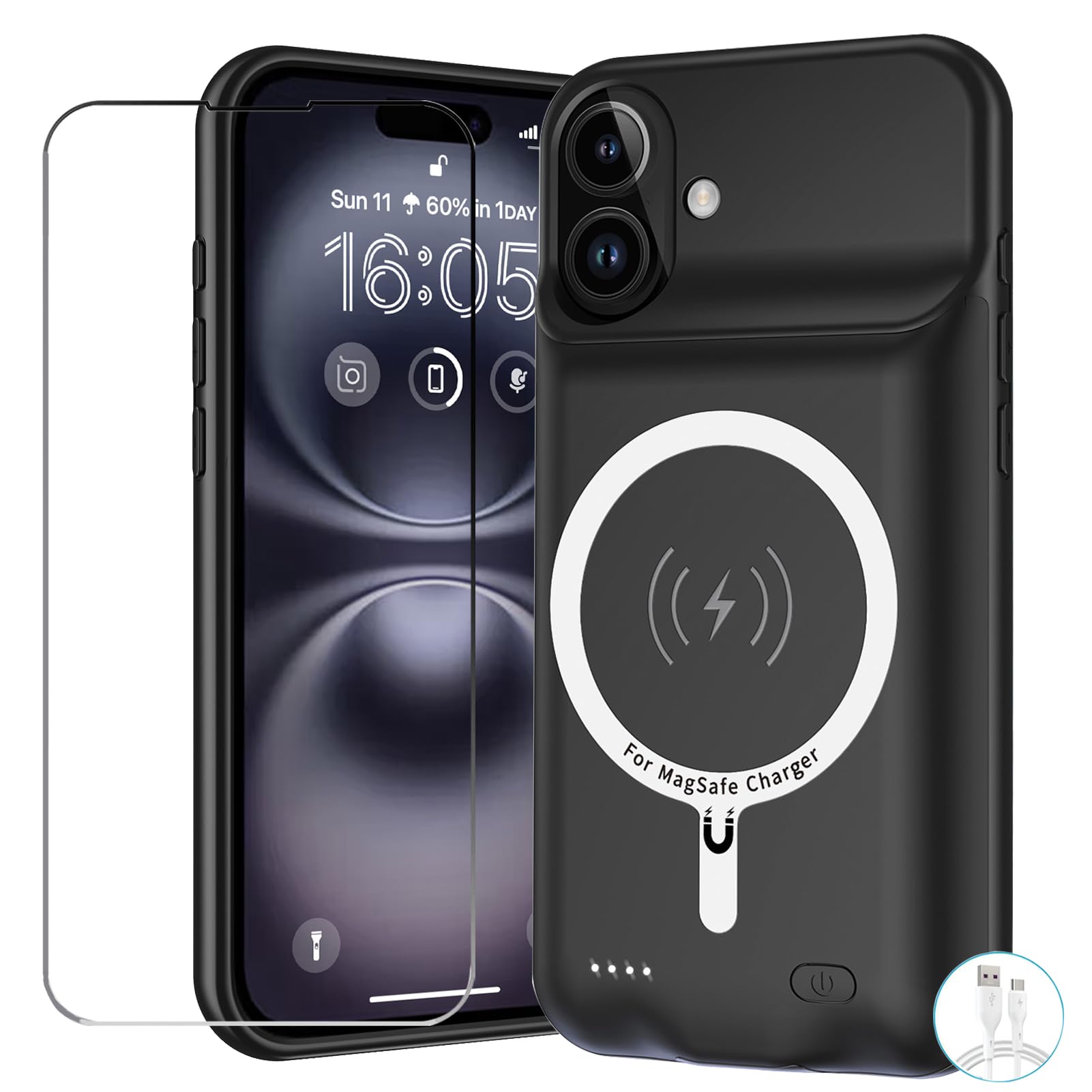 Battery Case for iPhone 16, Upgraded 10000mAh Battery Pack Rechargeable Charger Case Support Carplay with Wireless Charging Compatible for iPhone 16 (6.1 inch) External Battery Charging Case (Black)
