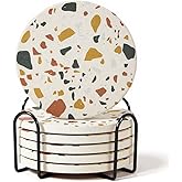 Terrazzo Coasters Set of 6, Ceramic Absorbent Drink Coasters, Cute Moisture Absorbing Coaster, Coffee Table Desk Decor, Colorful Stone Coaster for Drinks (Sunset with Black Holder)