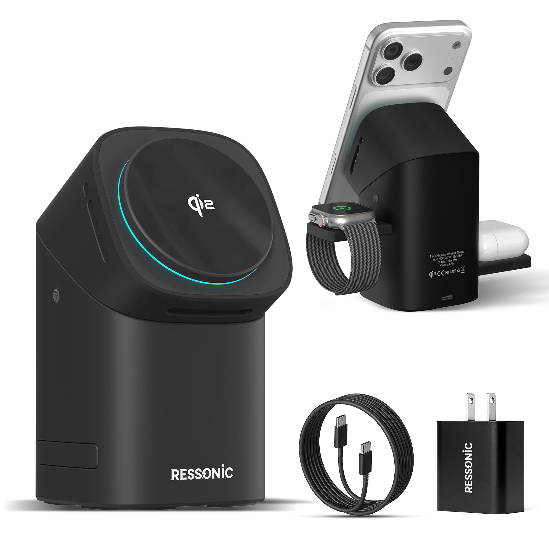 3 in 1 Wireless Charging Station for iPhone 17/16/15/14/13/12 Pro Max, Qi 2 Certified 15W Fast Charging Magnetic Charger Stand for Magsafe Phone, AirPods, Smart Watch (Black)