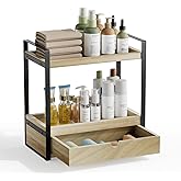 Boulphia 2-Tier Bathroom Organizer Countertop with Drawer, Wood Bathroom Counter Shelf for Storage, Vanity Organizer Countertop for Kitchen, Office