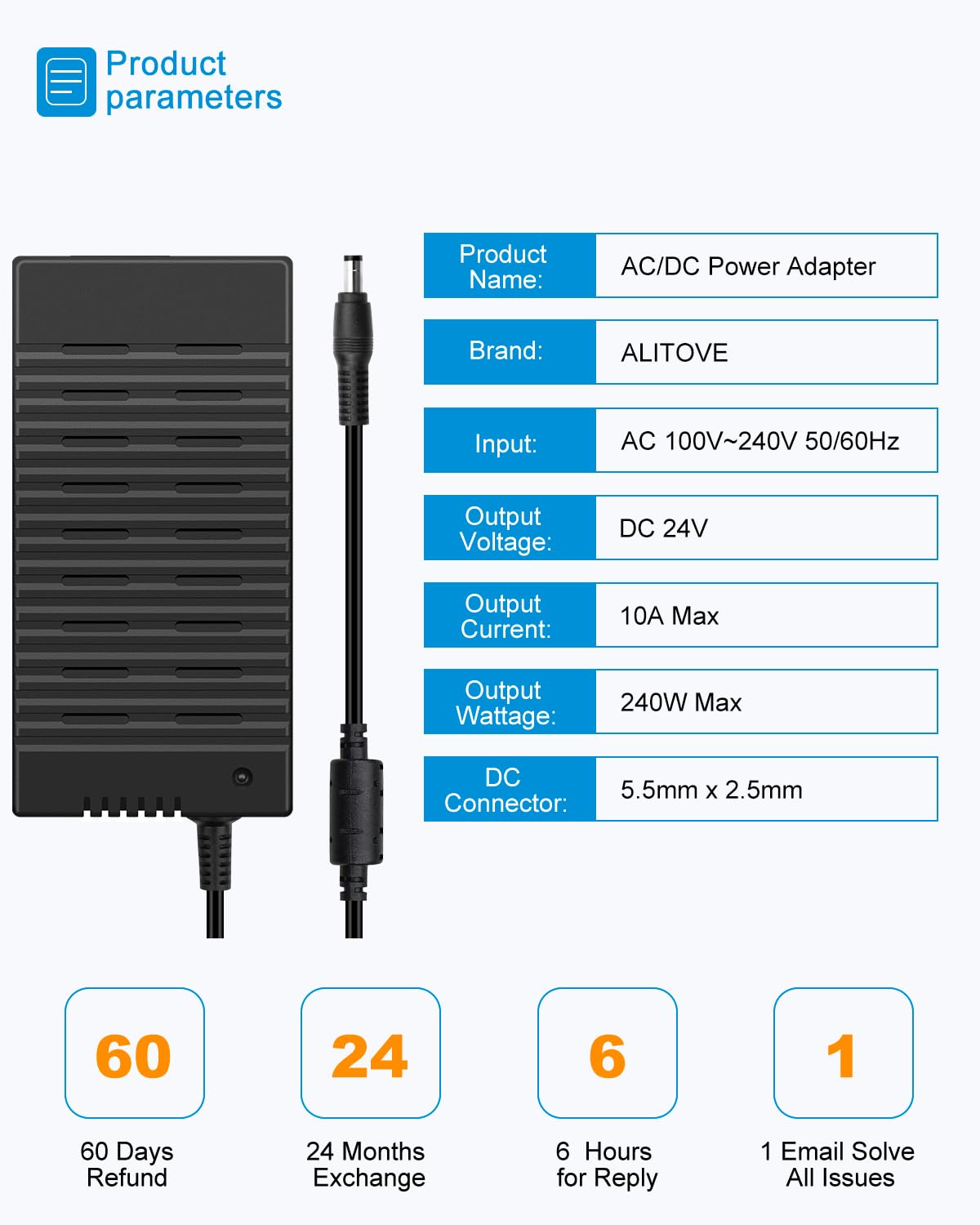 ALITOVE DC 24V 10A Power Supply AC Adapter 100-240V 50-60hz to 24 Volt Power Supply DC 10Amp 240W AC Power Adapter 5.5 x 2.1mm 2.5mm Barrel Plug for LED Strip CCTV Camera 3D Printer Massage Chair