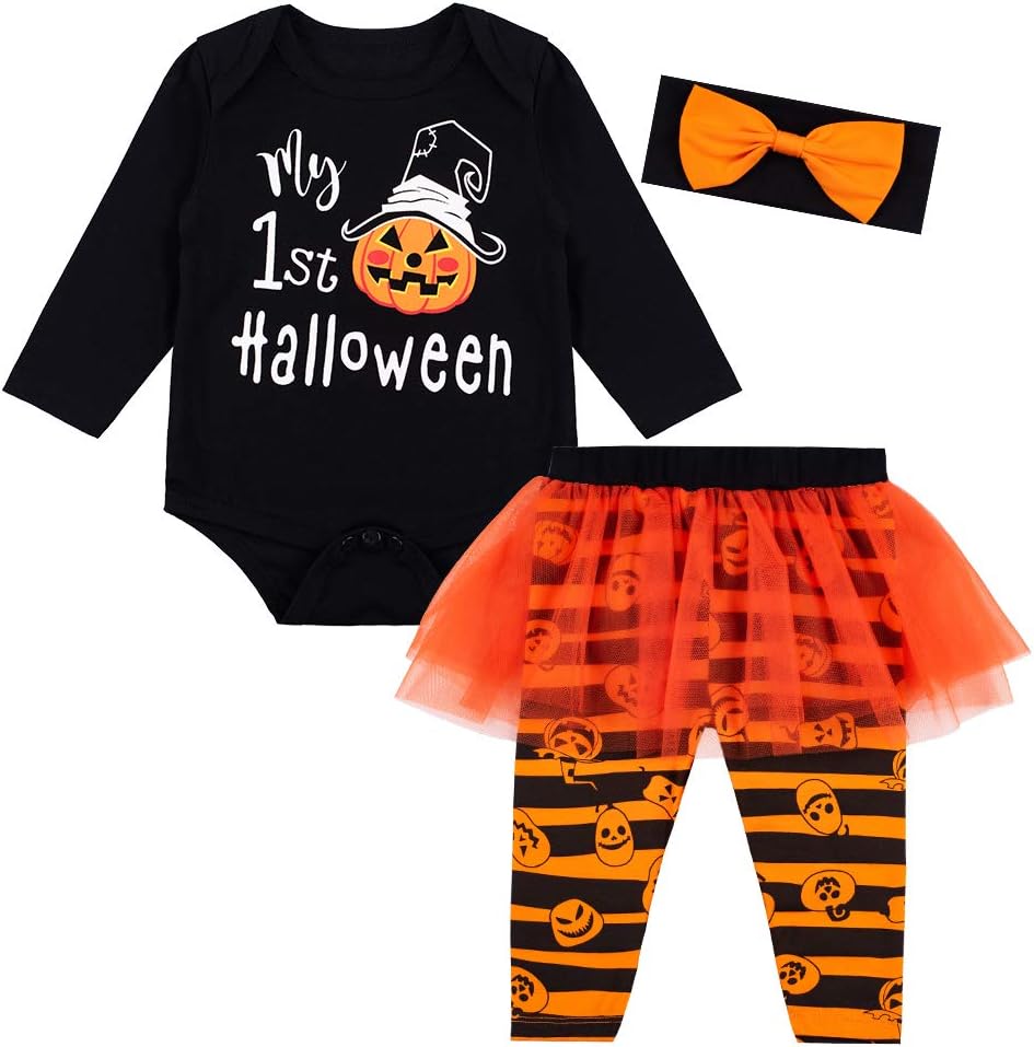 LENSOUSBaby Girls Newborn Skeleton Halloween Costume Outfit Funny Long Sleeve Skull Tulle Skirt Romper Set