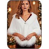 Aukmla Wedding Faux Fur Shawls and Wraps Bridal Fur Coat Winter Cape Stole with Rhinestones Brooch for Brides and Women