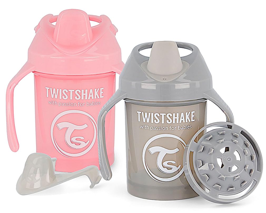 Twistshake 2X Mini Cup | Non-Spill Baby Sippy Cup with Soft Spout & Fruit Mixer - 230ml | Leak Proof | BPA-Free | Training Cup for Kids | Pink Grey