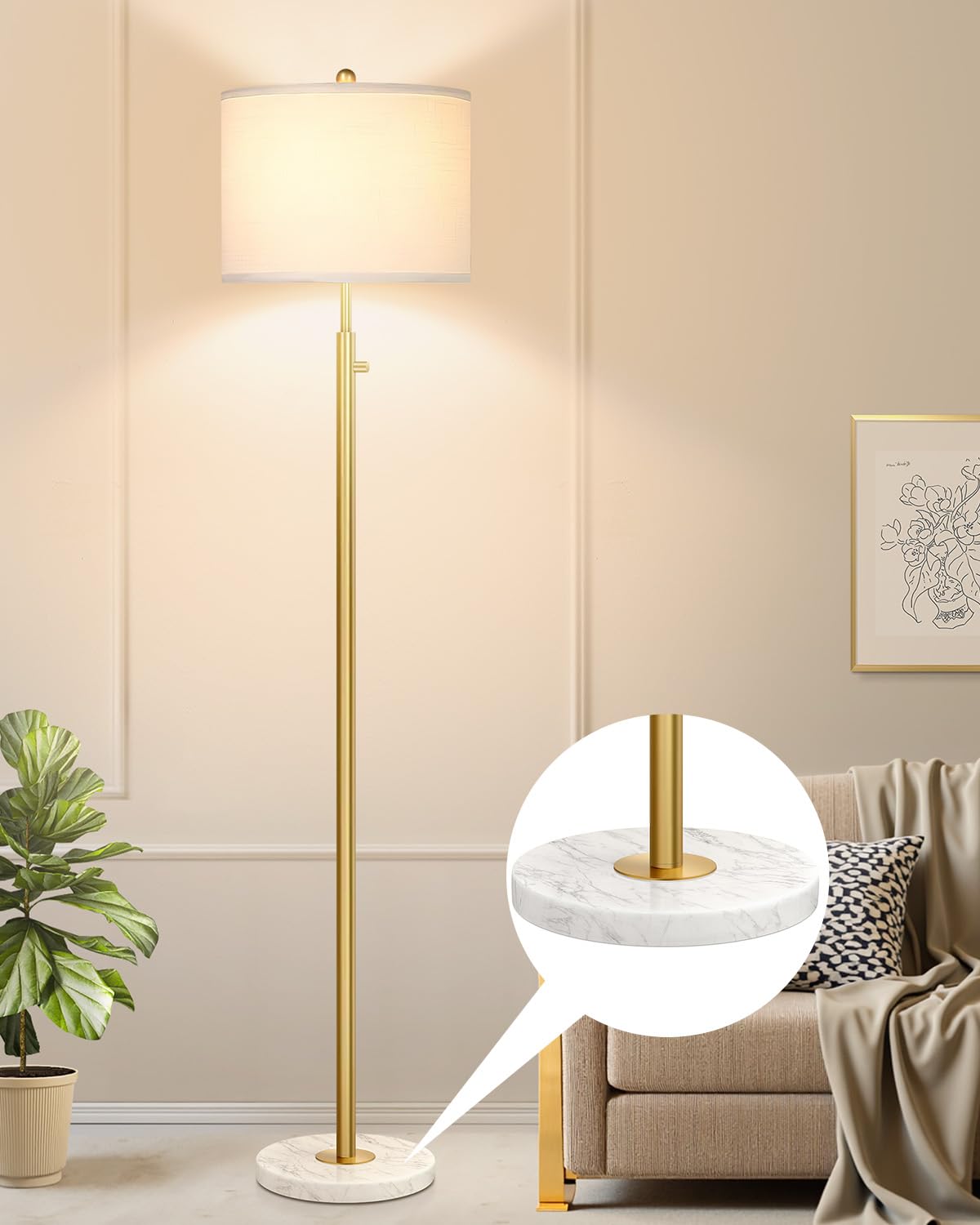 Photo 1 of ?Upgraded?Dimmable Gold Floor Lamps for Living Room, 11W LED Bulb Included, Modern Standing Lamp with Marble Base, Tall Pole Light with White Linen Shade for Bedroom Reading Office Corner Nursery