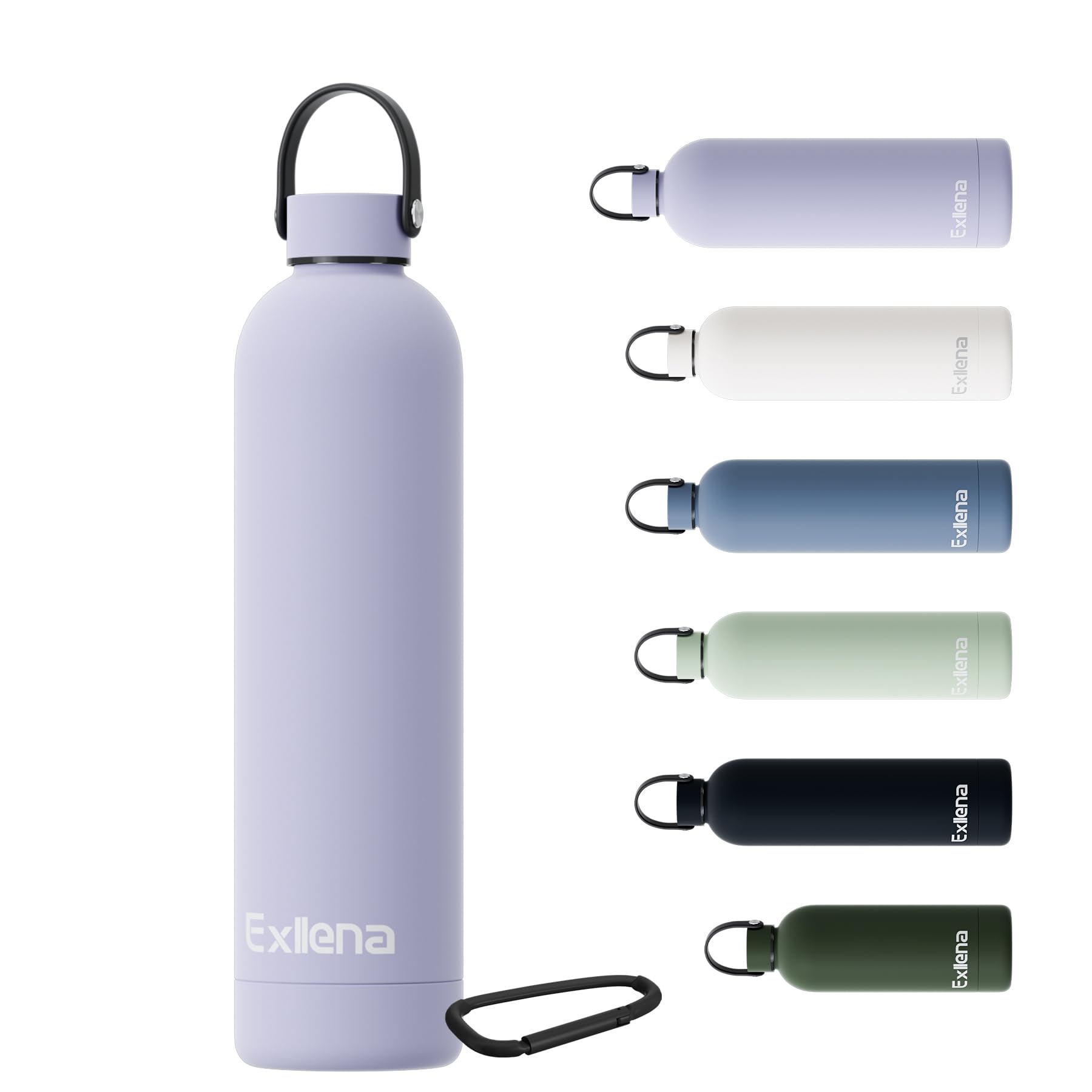 Exllena 750ml Water Bottles Metal with Handle Lid and Carabiner, Double Wall Vacuum Drinks Bottle Keeps Drinks Cold 24 Hrs/Hot 12 Hrs, Stainless Steel Water Bottle BPA Free(Purple)