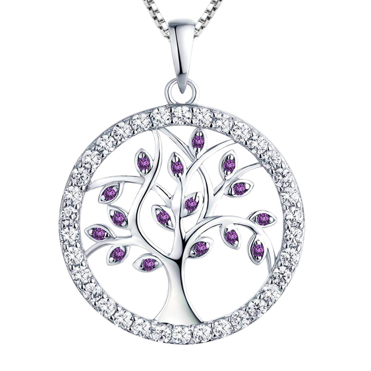 YL Tree of Life Necklace 925 Sterling Silver Family Tree Amethyst Purple CZ Pendant Necklace Gift for Women Girlfriend,45-48CM