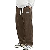 Hidkat Mens Corduroy Casual Pants Fashion Loose Fit Wide Leg Pants Straight Sweatpants Elastic Waist Drawstring