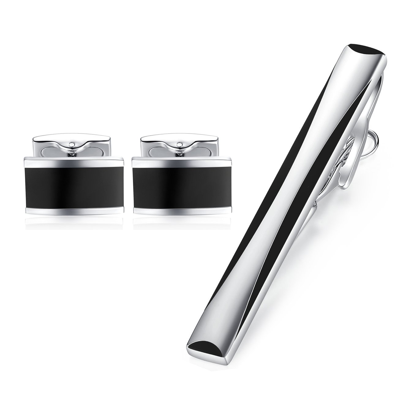 HONEY BEAR Mens Stainless Steel Rectangle Black Cufflinks Tie Clip Set for Business Wedding Gift (Without Box)