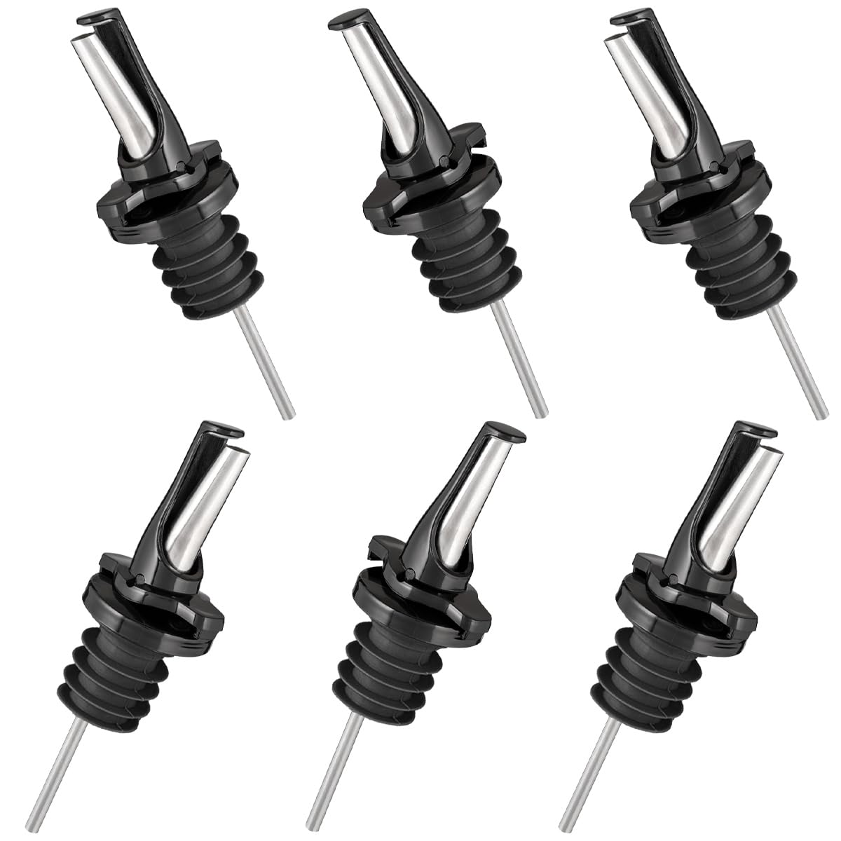 Poura 3-in-1 Liquor Pour Spout with BPA-Free Natural Rubber and Built-In Fruit Fly Protection – Hygienic Dishwasher Safe Alcohol Speed Spouts – Also for Olive Oil, Juice, Syrup – Black 6 Pack