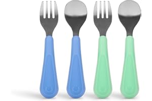 Ubbi Toddler Stainless Steel Fork & Spoon Set, 4-Pack – Silicone Easy-Grip Handles, Kids Self-Feeding Utensils, Baby-Led Weaning Essentials, Dishwasher Safe, Polaris Blue & Sugar Snap Green