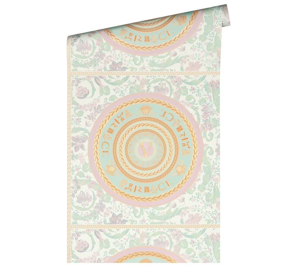 A.S. Création Versace Wallpaper Floral 387052 Luxury Wallpaper Floral Mint Colours Gold Pink White Green Tendril 10.05 x 0.70 m Made in Germany