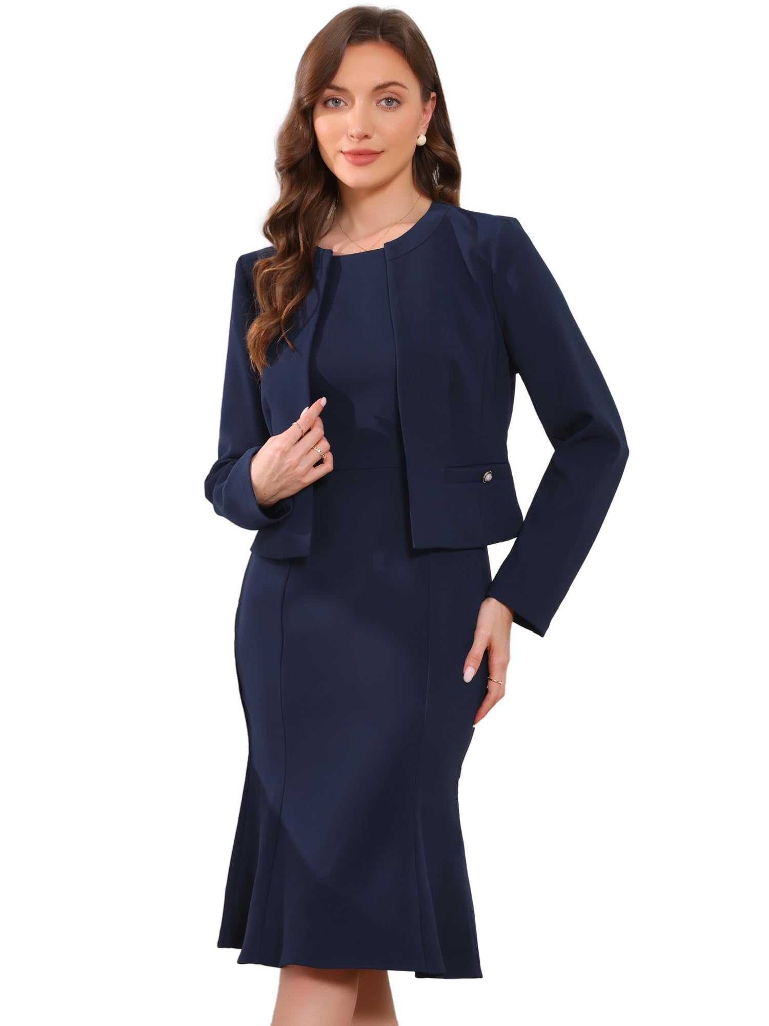 Photo 1 of Allegra K 2 Piece Suit Dress Set for Women's Business Sleeveless Dress and Crop Blazer X-Large Dark Blue