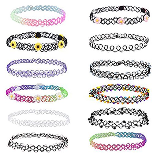 Skyvan 80's 90's Choker Rainbow Flowers Stretch Gothic Tattoo Henna Necklace (Set of 12)