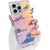 Heaofei Cute Case for iPhone 16 Pro Case for Women Girls with Iridescent Cloud Pattern Design, Aesthetic Trendy Girly Matte Glitter Sparkly Rainbow Rectangle Protective Phone Cover, Sun Set Sky
