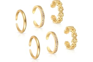 Mikovivi 6pcs Gold Toe Rings for Women, 3 Styles Open Adjustable Golden Toe Ring Set Flower Simple and Diamond Elegant Foot J