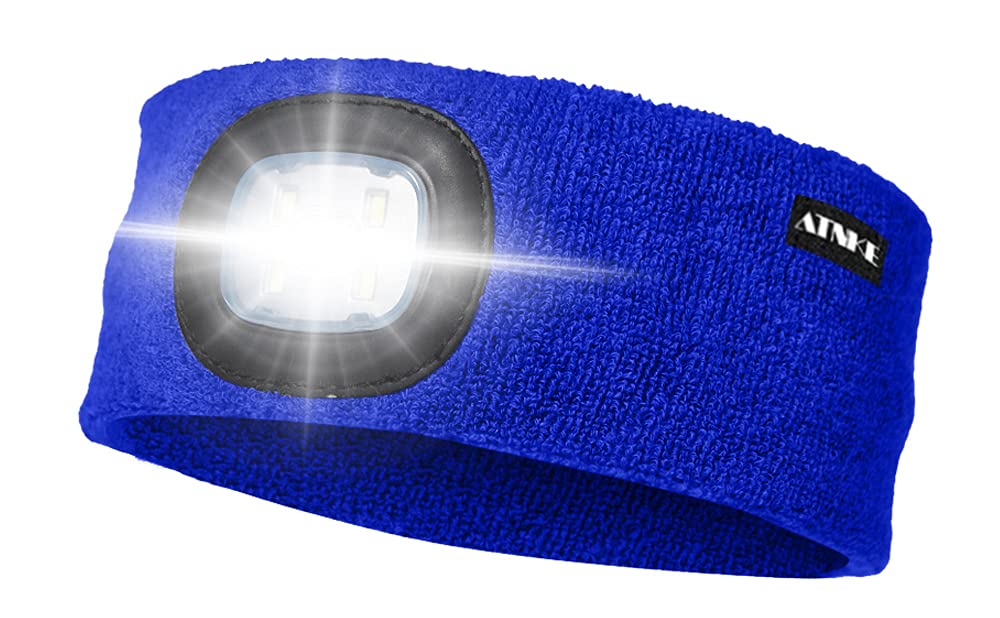 ATNKE LED Lighted Headband, USB Rechargeable Running Hat Ultra Bright 4 LED Waterproof Light Lamp Headlamp High Stretch Moisture Wicking Multi-Color/Blue