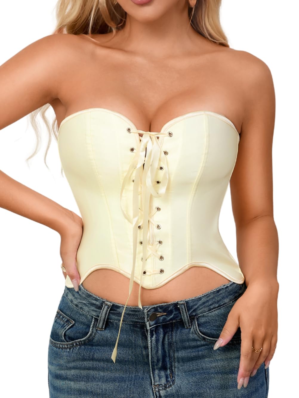 Photo 1 of Kaei&Shi Women Strapless Overbust Satin Corset Tops,Renaissance Lace Up Bustier Crop Top For Going Out Beige Small
