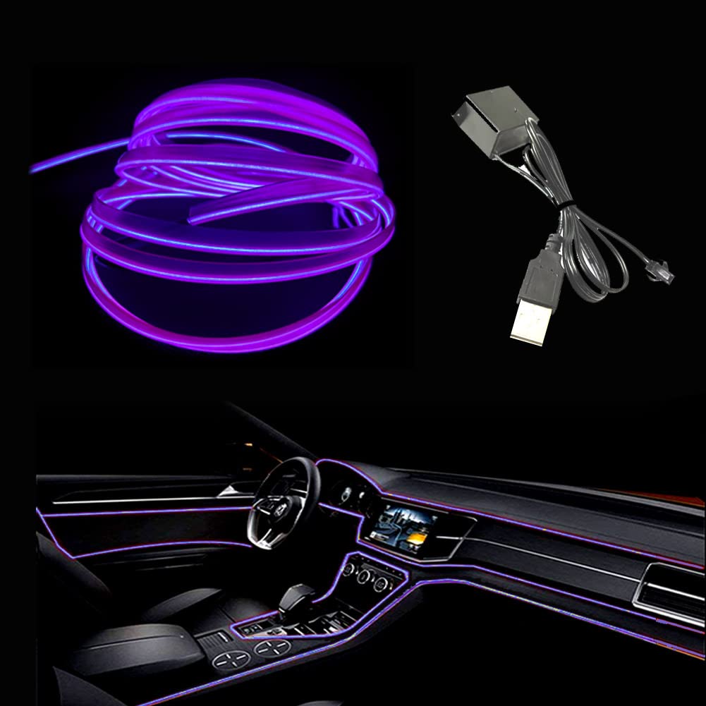 Photo 1 of Maxlaxer El Wire Purple Interior Car LED Strip Lights, 5M Neon Wire USB 5V with Fuse Protection for Automotive Interior Decoration, with 6mm Sewing Edge