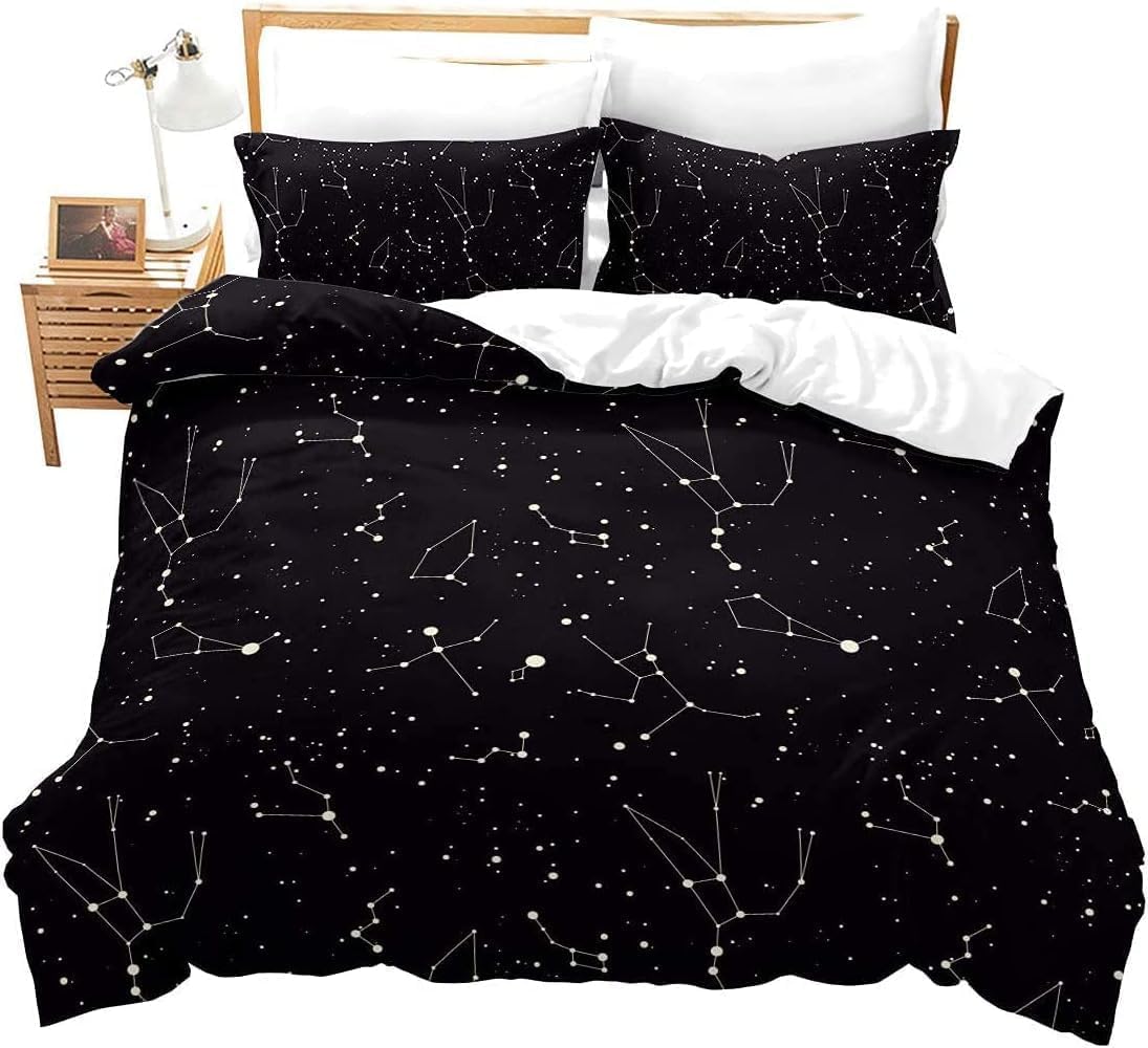 Loussiesd Galaxy Constellation Printed Bedding Set King Universe Planets Decor Duvet Cover Outer Space Theme Comforter Cover Teens Kids Starry Sky Series Quilt Cover Soft Bed Cover Black White