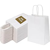 Joybe 300 Pack 5.95x3.25x8 Inch Small White Paper Bags with Handles Bulk, Kraft Paper Gift Bags for Birthday Party Favors Grocery Retail Shopping Business Goody Merchandise Craft Blank Sacks (300pcs)
