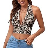 Rooscier Women's Deep V Neck Halter Tie Back Sleeveless Backless Cami Crop Top Leopard Medium