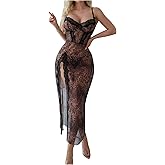 SHENHE Women's Leopard Lingerie Lace Babydoll Long Nightdress High Slit Sheer Nightgown
