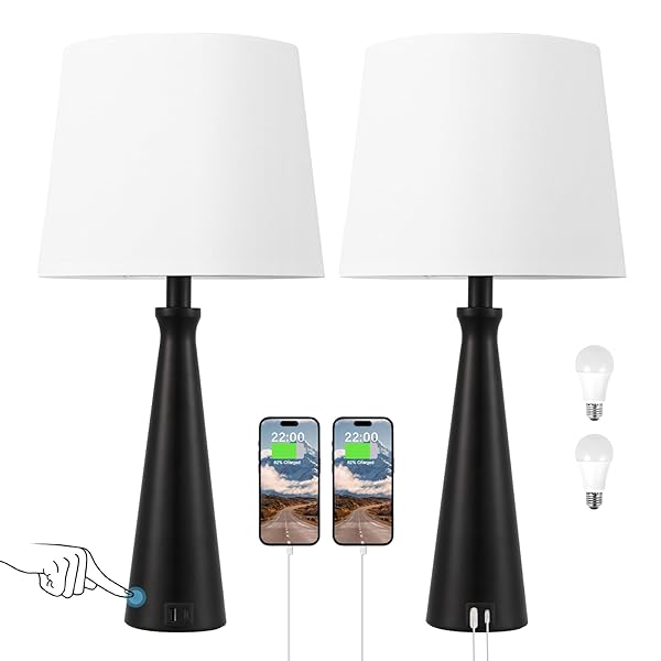 SEEALLE MODERN TABLE LAMPS SET OF 2 – TOUCH BEDSIDE LAMP FOR NIGHTSTAND WITH DUAL USB C+A,3-WAY DIMMABLE BLACK NIGHTSTAND LAMPS FOR LIVING ROOM BEDROOM END TABLE(BULB INCLUDED)