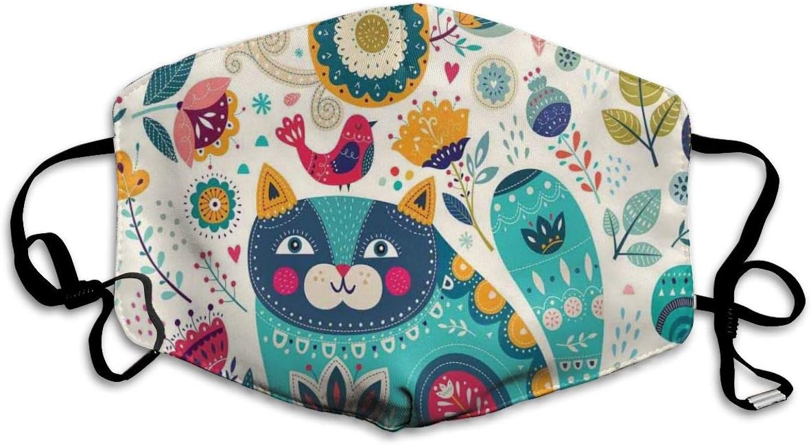 Comfortable Windproof mask,Cat Figure With Birds Flower Leaf Trees Butterflies Spring Ornate Illustration,Printed Facial decorations for Adult