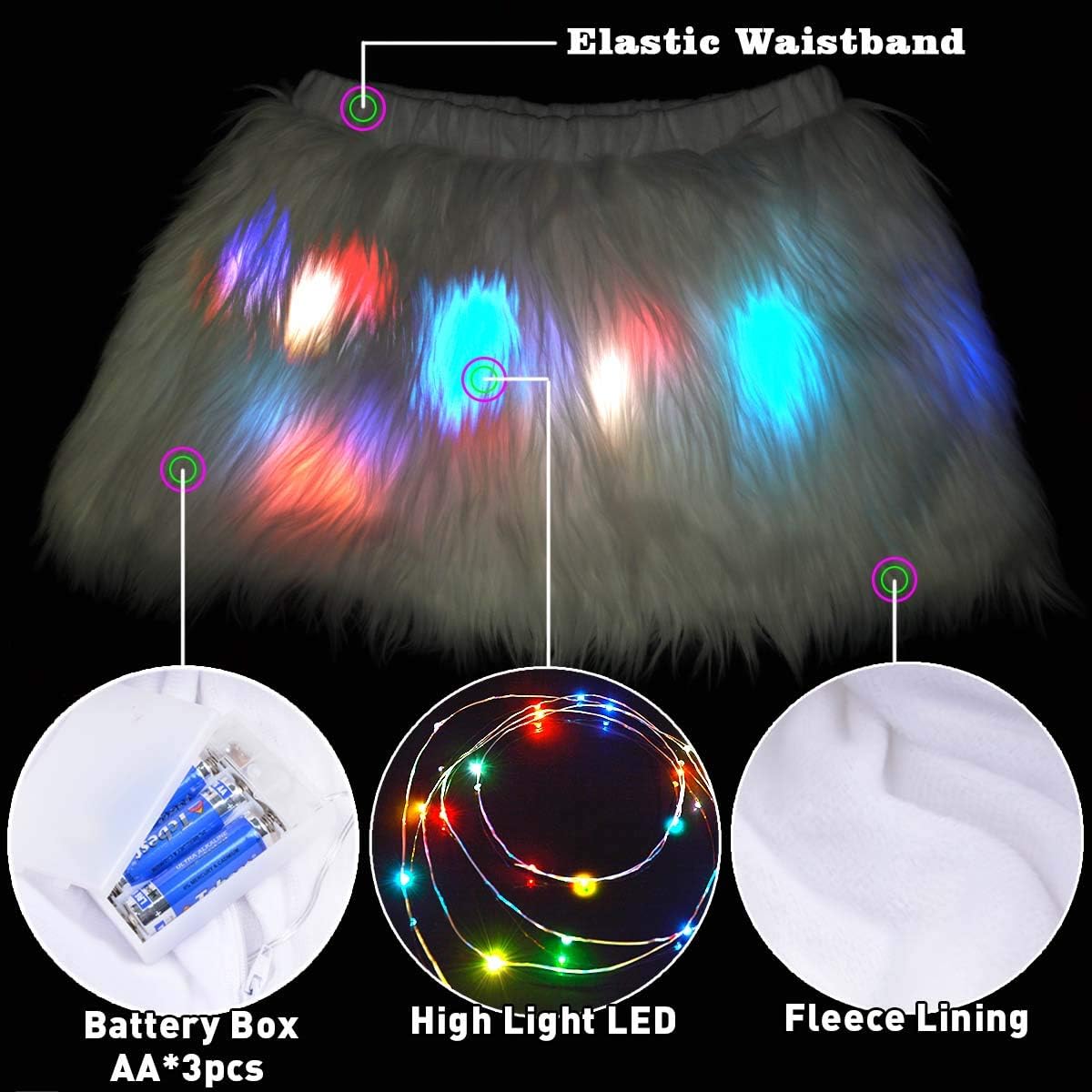 Mini Led Fur Skirt for Women White Light Up Tutu Rave Outfit Unicorn Costume: Clothing
