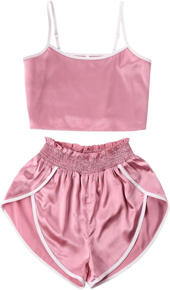 ZAFUL Women's Contrast Trim Satin Cropped Cami Top and High Cut Shorts Set