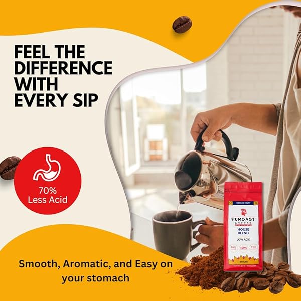 PUROAST LOW ACID COFFEE GROUND | HOUSE BLEND GROUND | MEDIUM ROAST | HIGH ANTIOXIDANTS & HIGH PH |NO BITTER AFTERTASTE | REDUCED HEARTBURN & GERD | SUITABLE FOR COLD BREW – 2.2 LB