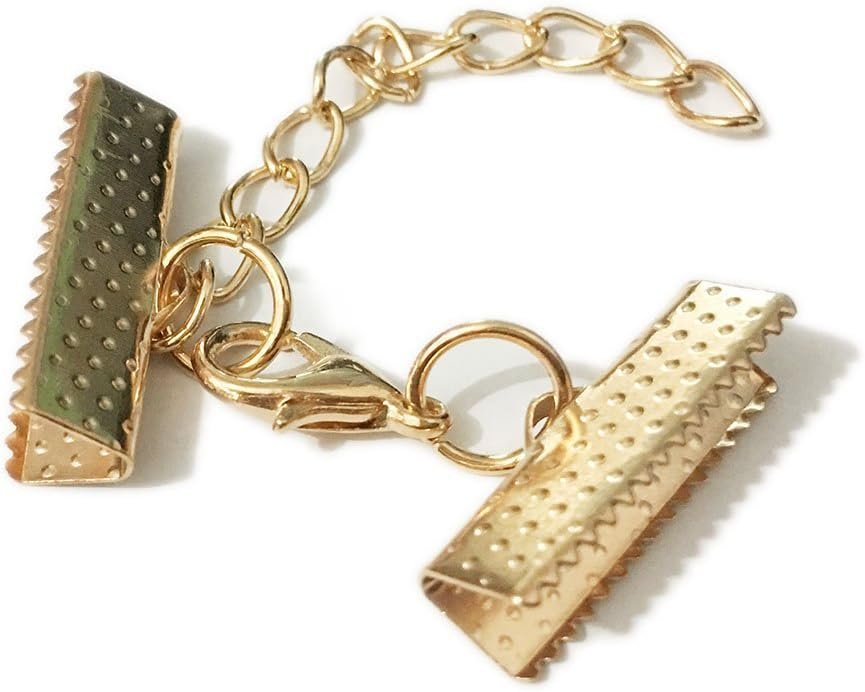 10 Set Ribbon Clamp Crimp Ends Beads with Lobster Claw Swivel Clasps Extension Chain Jump Rings Cords End Caps String Leather Pinch Bails Clip Necklace Bracelet Connectors (KC Gold Crimp 25mm)
