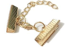 ZHITENG 10 Set Ribbon Clamp Crimp Ends Beads Flat Cover With Lobster Claw Swivel Clasps Extension Chain Jump Rings Cords End Caps String Leather Clip Foldover Necklace Bracelet Connectors (KC Gold Crimp 20mm)