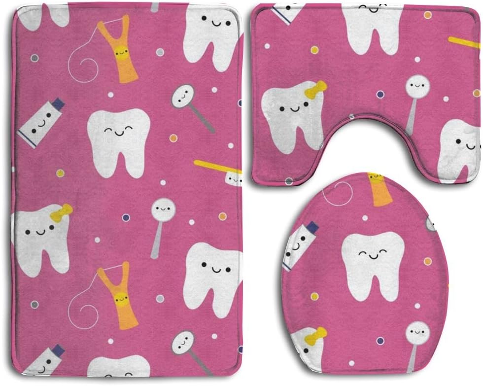 Dentistry Happy Teeth Friends Bath Mat Set,3 Piece Bathroom Mats Set Non-Slip Bathroom Rugs/Contour Mat/Toilet Cover