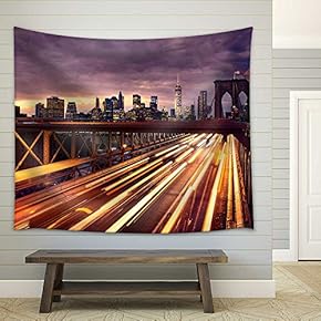 Night Car Traffic on Brooklyn Bridge in New York City - Fabric Wall Tapestry Home Decor - 51x60 inches