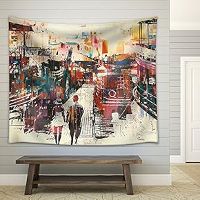 Couple Walking on Harbor Pier with Colorful Boats,Illustration Painting - Fabric Wall Tapestry Home Decor - 51x60 inches