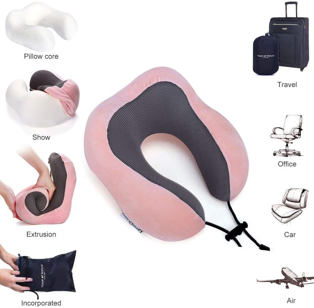 Power of Nature Travel Pillow Luxury Memory Foam Neck & Head Support Pillow Soft Sleeping Rest Cushion for Airplane Car & Home Best Gift(Pink): Home & Kitchen