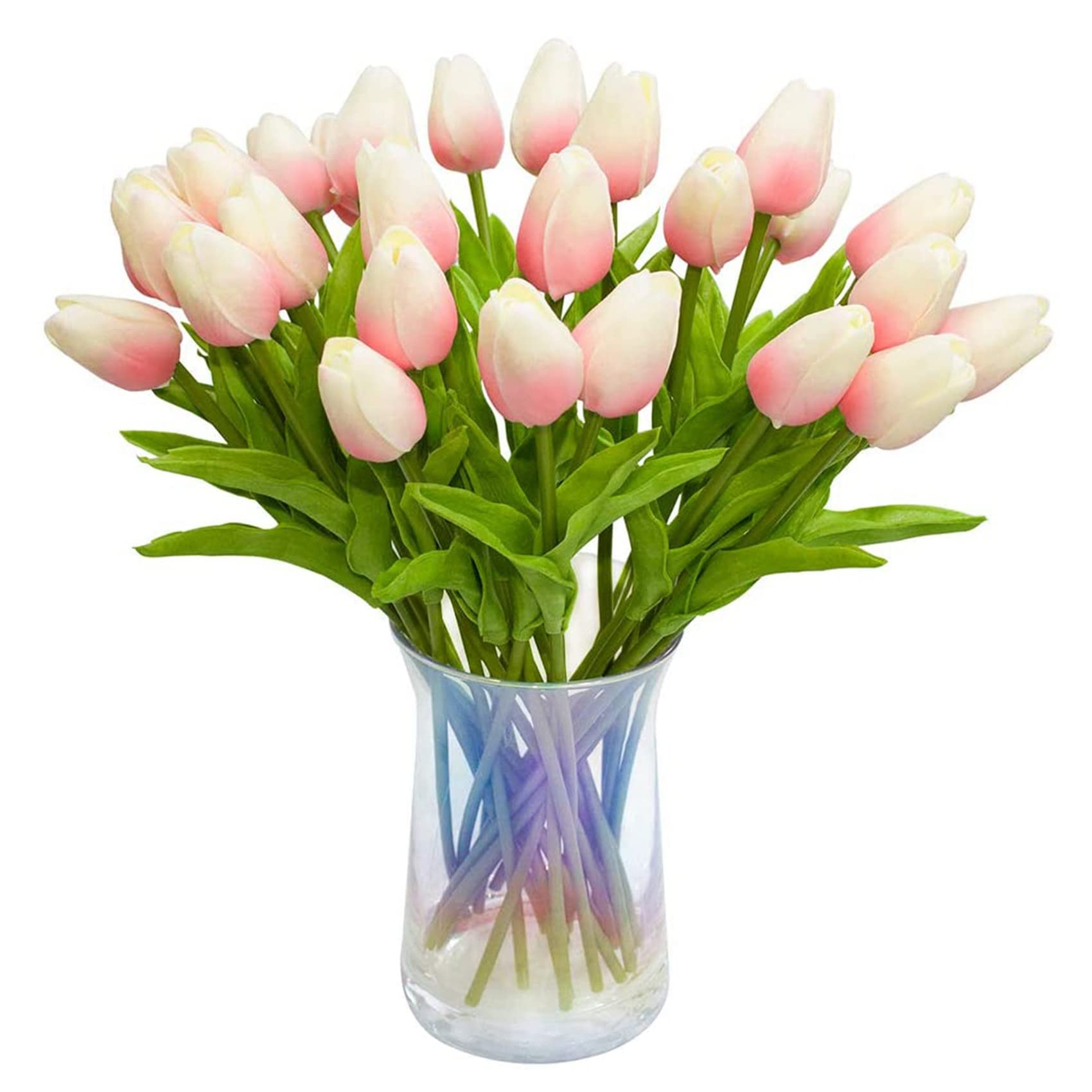 Kaneorooir 30pcs Artificial Tulips Flowers Real Touch PU Tulip Bouquet Latex Flower White Tulip(Light Pink)