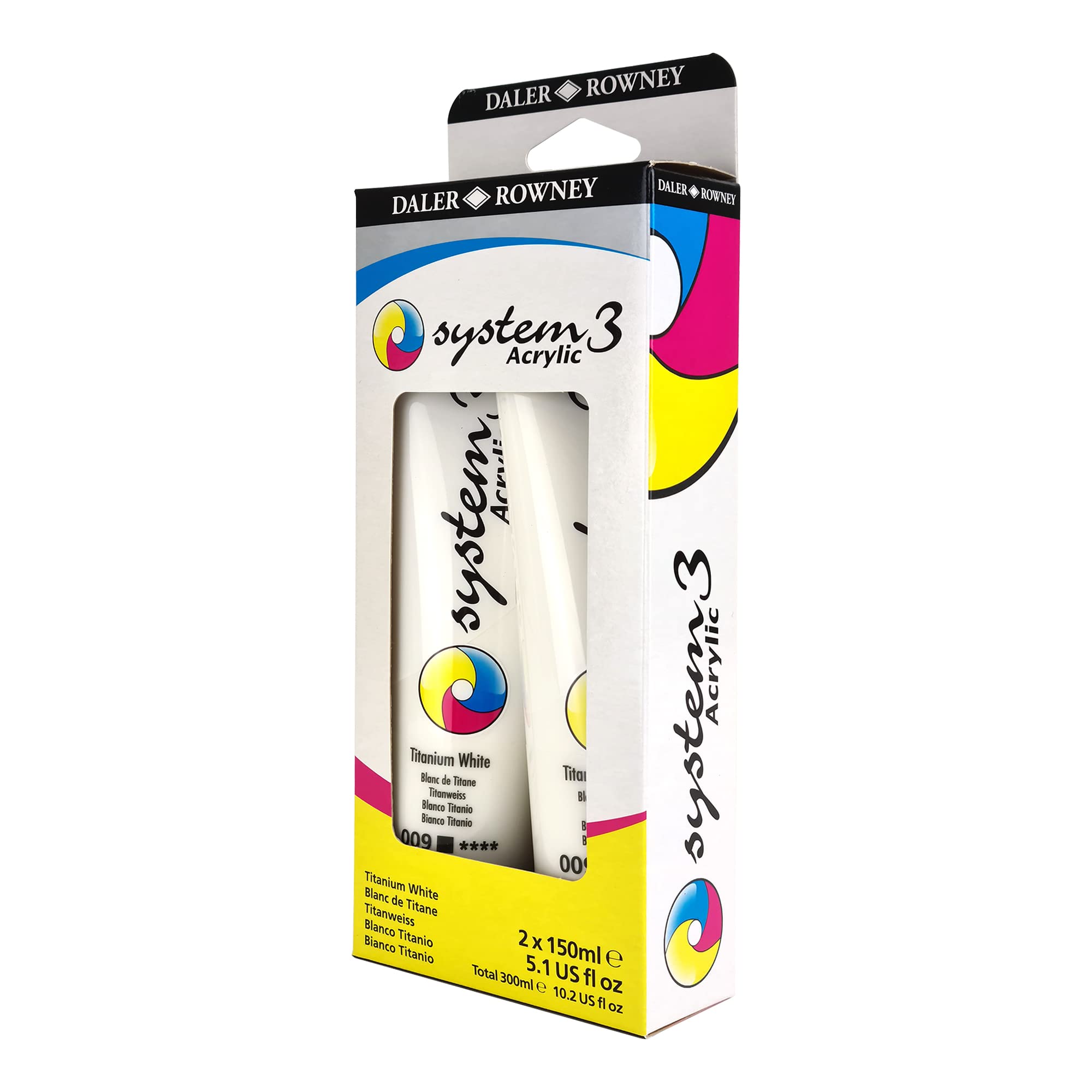 Daler-Rowney System3 150ml Titanium White Acrylic Paint Twin Pack Set, Vibrant Colours, Multi-Surface, For Professional Artists & Students