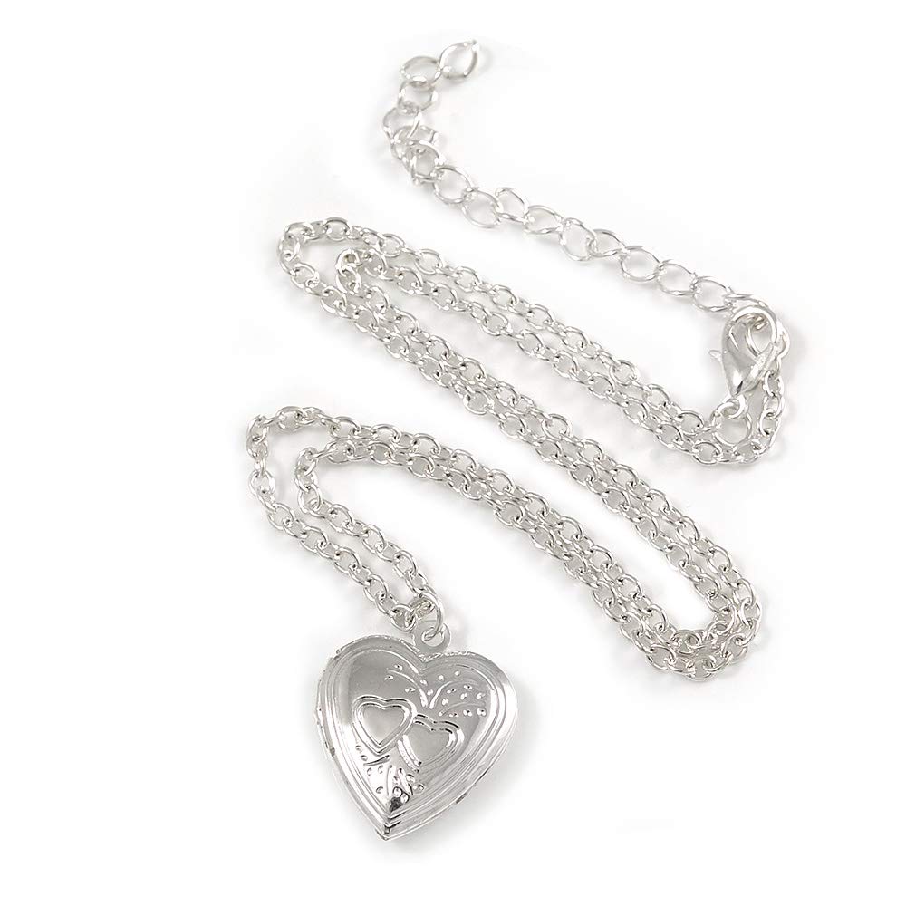 Avalaya Romantic Small Silver Tone Heart with Double Heart Motif Locket Pendant/40cm L/ 7cm Ext