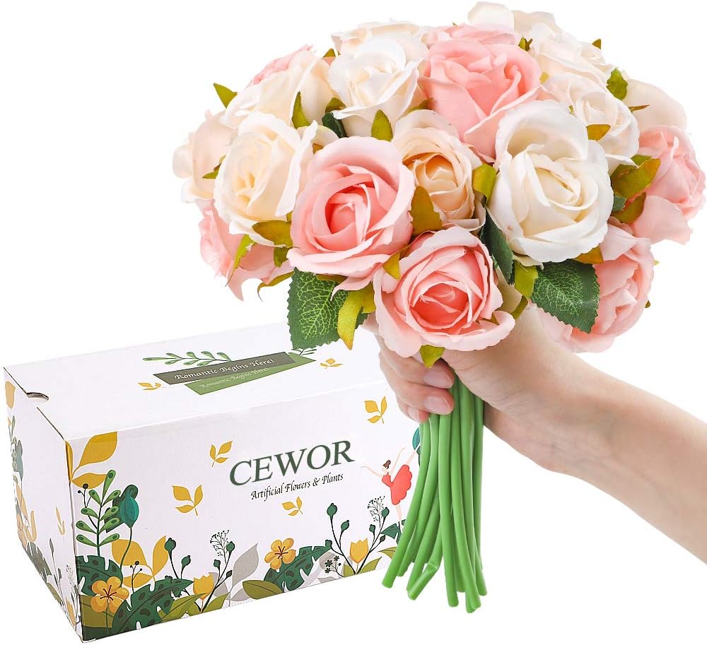 Amazon Com Cewor 24 Heads Artificial Rose Flowers Bouquet Silk Flowers Rose For Home Bridal Wedding Party Festival Decor 2 Packs Champagne And Pink Kitchen Dining